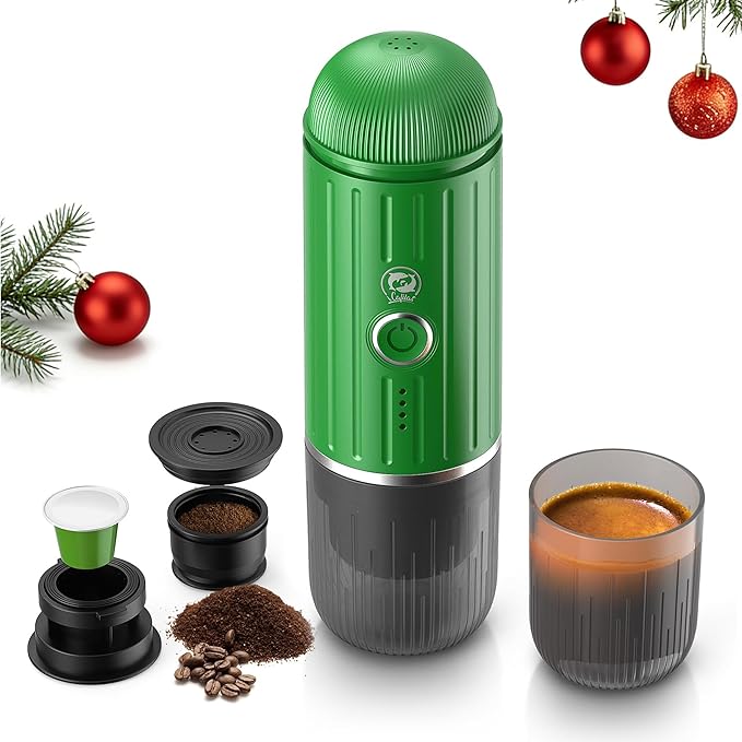Fast self-heating Portable Electric Espresso Coffee Maker, 2 IN 1 Extraction Espresso Machine, Support Ground Coffee and NS capsule, for Travel,Car,camping,Climbing（Green） Rich Crema