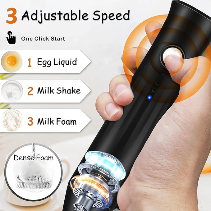 Milk Frother Handheld Rechargeable USB C, 3-in-1 Coffee Frother Wand Drink Mixer Electric Whisk Stirrer with 3 Detachable Stainless Steel Heads, 3 Speed Powder Mixer Foam Maker for Xmas Gift, Black