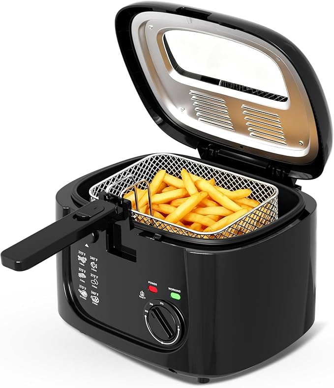 1500W Electric Deep Fryer with Adjustable Temperature Control, 2.5L Non-Stick Basket & Viewing Window, Folding Handle and Locking Cover for Easy Storage, Black