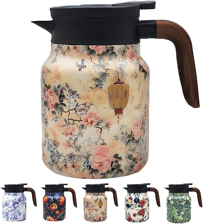 Vintage Pattern Coffee Carafes, 35 Oz/1 Liter - Hot and Cold with Infuser, Perfect for Parties/Home Use (Yellow Flower)