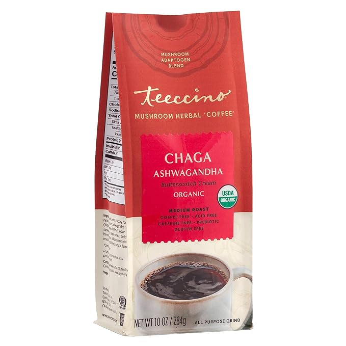 Teeccino Chaga Ashwagandha Coffee Alternative - Butterscotch Cream - Organic, Adaptogenic Herbal Mushroom Coffee, Medium Roast, Caffeine Free, Prebiotic, Acid Free, Gluten Free - 10 oz, Pack of 3