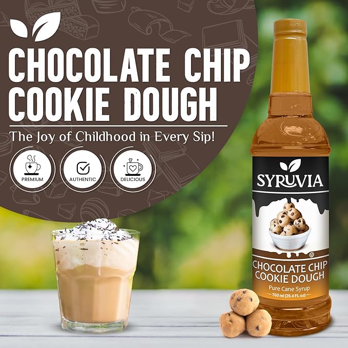 Syruvia Coffee Syrup, Chocolate Chip Cookie Dough Flavored Syrup for Drinks, Lattes, and Desserts – 25.4 fl oz, With Pump