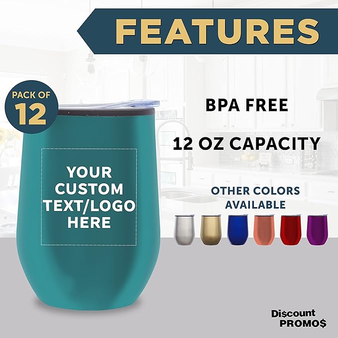 Custom Stemless Wine Tumblers 12 oz. Set of 12, Personalized Bulk Pack - Insulated, Perfect for Wine, Cocktails, Other Hot & Cold Beverages - Teal