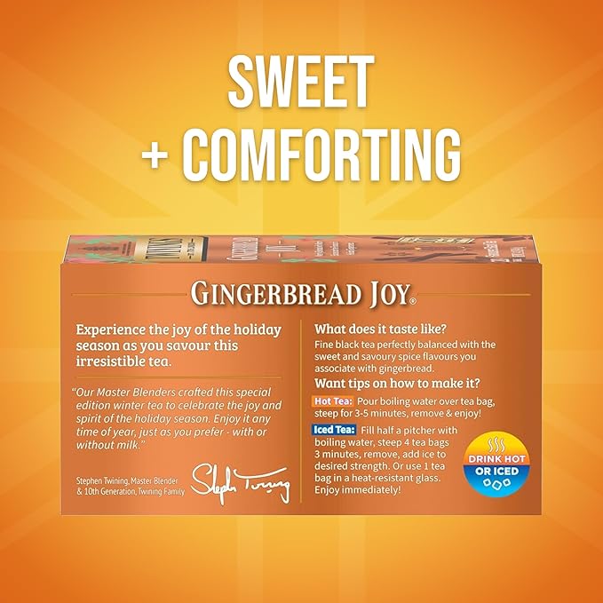 Twinings Gingerbread Joy Black Tea Individually Wrapped Bags, 20 Count (Pack of 6), Ginger & Cinnamon, Caffeinated, Enjoy Hot or Iced, 120 Teabags