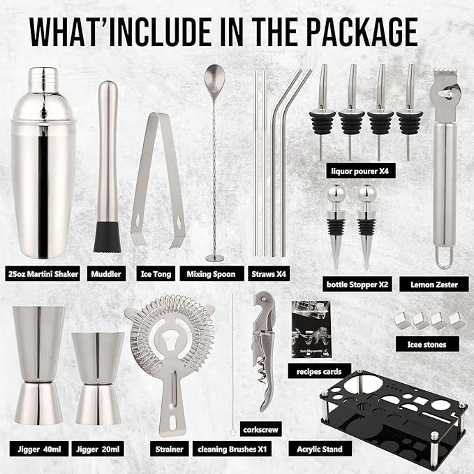 26-Piece Bartender Kit with Acrylic Stand – Premium Cocktail Shaker Set with Mixology Tools & Accessories – Professional Bar Set for Home & Party Drink Making