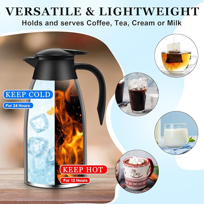 2 Pcs 51 oz Thermal Coffee Carafe for Keeping Hot Insulated Stainless Steel Vacuum Thermal Pot Flask Double Walled Vacuum Coffee Carafe for Beverage Water Tea, 12 Hot 24 Hours Cold(Silver)