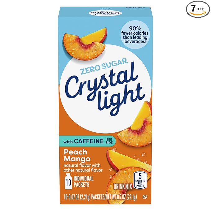 Crystal Light On The Go Peach Mango With Caffeine Drink Mix, 10-Packet Box (Pack of 7)