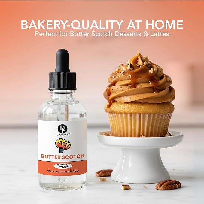 Dolce Flav Natural Butterscotch Extract 2 oz – Kosher, Sugar-Free, Concentrated Rich Butterscotch Flavoring for Baking, Beverages & Desserts, Includes Measured Dropper