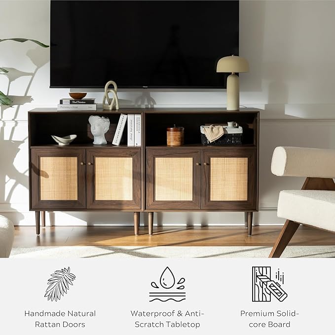 Rattan Sideboard Cabinet Set of 3, Boho Buffet Storage Cabinet Farmhouse Credenza Cabinets with Doors and Adjustable Shelves for Living Room, Dining Room, Entryway, Kitchen(Natural Oak)