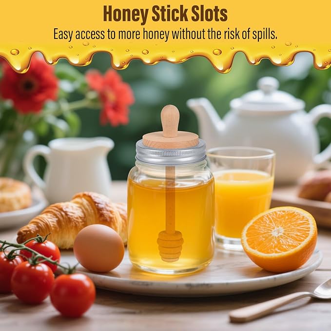 Sun3drucker Wooden Mason Jar Honey Dipper with Lids Set - Honey Dipper Wooden Stick for Regular Mouth Mason Jars, Honey Spoon Honeycomb Lids for Regular Mouth 16 oz Mason, Ball Jars