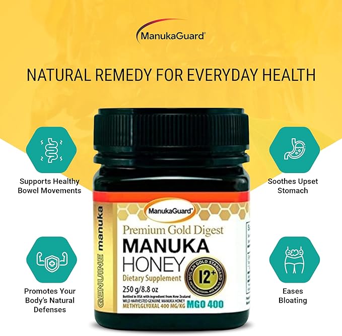 ManukaGuard Premium Gold Manuka Honey 12+ (MGO 400) – Genuine New Zealand Medical-Grade Manuka Honey for Digestive Support & Wellness