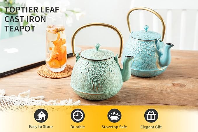 Toptier Tea Kettle for Stove Top, Cast Iron Teapot Stovetop Safe with Infusers for Loose Tea, 54 oz, Light Green