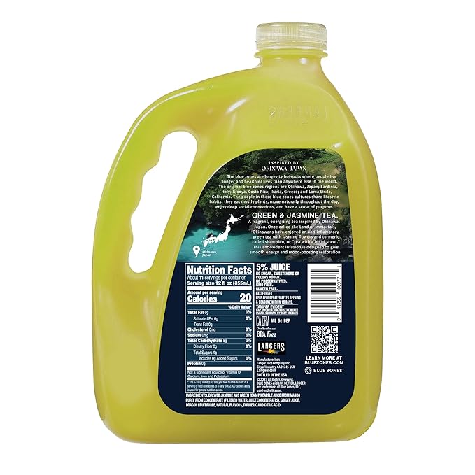 Langers Blue Zones Inspired Unsweetened Tea, Green & Jasmine Tea, 128 Fl Oz (Pack of 2)