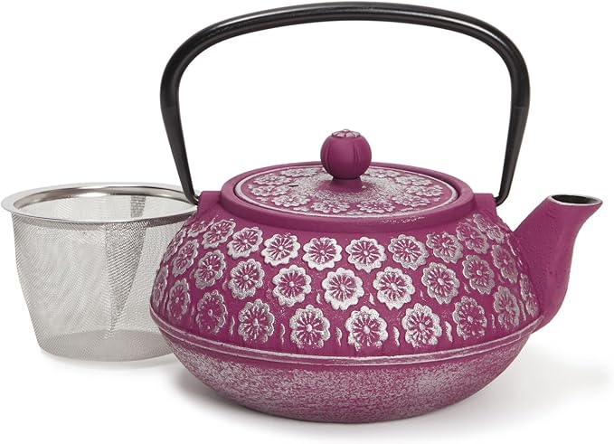 Juvale Cast Iron Tea Kettle with Infuser - Stovetop Brewing & Heat Retention - Floral Purple Cast Iron Teapot - Built-In Loose-Leaf Tea Infuser Pot - 34 oz, Medium