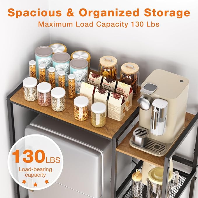 Mini Fridge Stand with Storage Shelves, Upgraded 3-Tier Mini Fridge Cabinet Stand Baker Rack for Microwave Coffee Maker Sturdy Metal Wood Desk Fits Dorm,Kitchen, Apartment, 33.4Wx15.7Dx37.2H, Brown