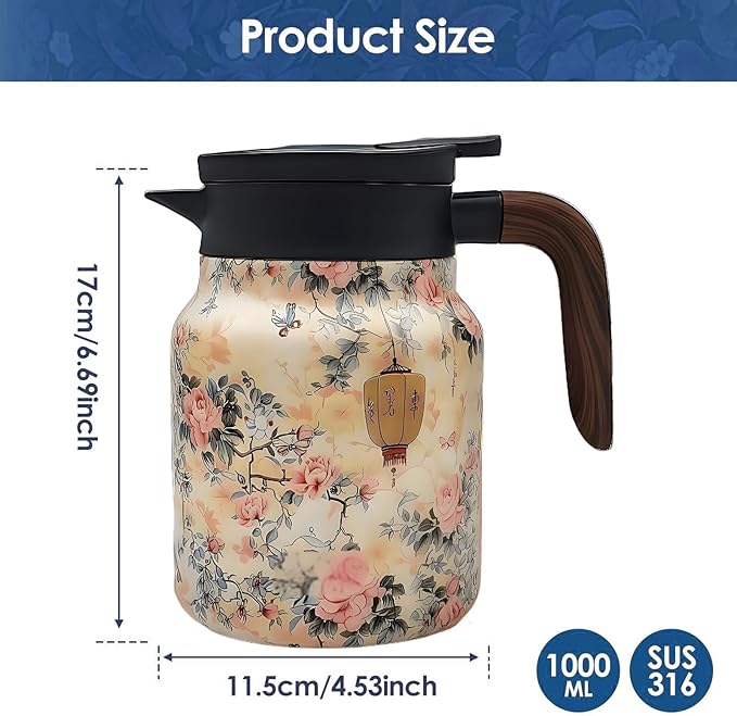 Vintage Pattern Coffee Carafes, 35 Oz/1 Liter - Hot and Cold with Infuser, Perfect for Parties/Home Use (Yellow Flower)