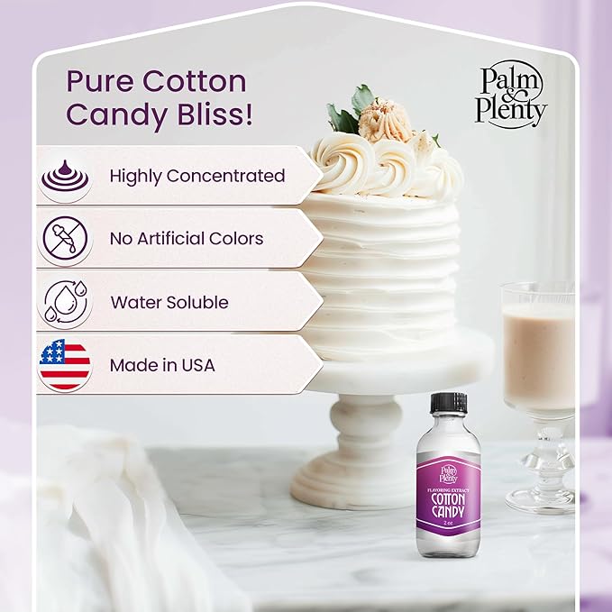 Palm and Plenty Cotton Candy Extract - Flavoring for Candy, Baking, and Drinks - Food-Grade Oil for Baked Goods, Desserts, Frostings, and Fillings, Keto-Friendly - 2 Oz Plastic Dropper Bottle - Made in USA