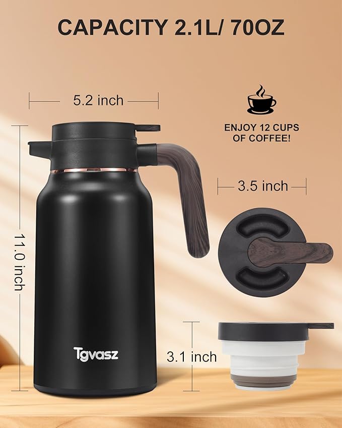 70 Oz Carafes for Hot Liquid, Stainless Steel Insulated Vacuum Thermal Coffee Carafes For Keeping Hot, 2.1 Liter Coffee Dispenser(silver)