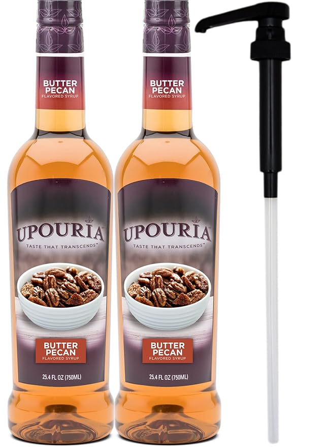 Upouria Butter Pecan Coffee Syrup Flavoring, 100% Vegan, Gluten-Free, Kosher, 750 mL Bottle (Pack of 2) with Coffee Syrup Pump