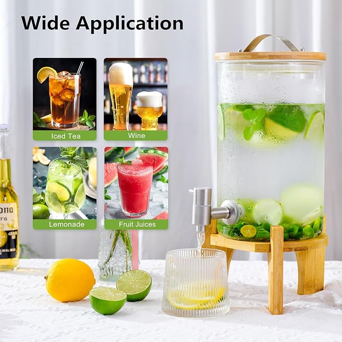 1.2 Gallon Large Glass Drink Dispenser For Parties, Beverage Dispenser with Bamboo Wood Stand and Stainless Steel Spigot, Juice, Lemonade, Water jug dispenser, Laundry Detergent Dispenser (1 PACK)