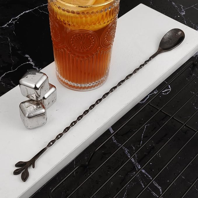 AnSaw Black 12-Inch Stainless Steel Cocktail Spoon with Leaf Handle - Perfect for Mixing & Layering Drinks in Tall Cups, Bar & Shakers - Durable Long Handle Bar Stirrer,1-Pieces