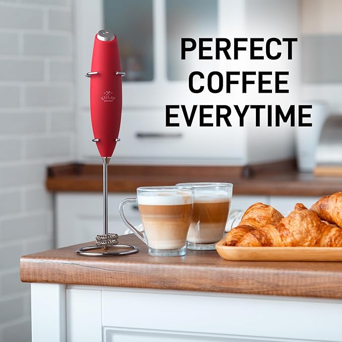 Zulay Kitchen Powerful Double Whisk Milk Frother Handheld - Foam Maker With Stand - Whisk Drink Mixer for Coffee, Mini Foamer for Latte, Matcha, Frappe, Hot Chocolate & Cappuccino (Cardinal Red)