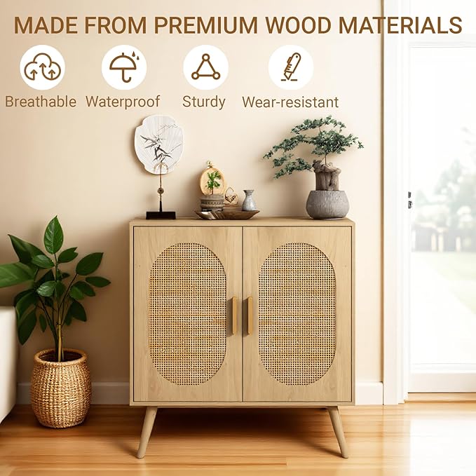 Storage Cabinet with Rattan Doors, Modern Farmhouse Coffee Bar Cabinet, Sideboard Buffet for Living Room, Entryway, Dining Room and Kitchen, Natural (Style one)