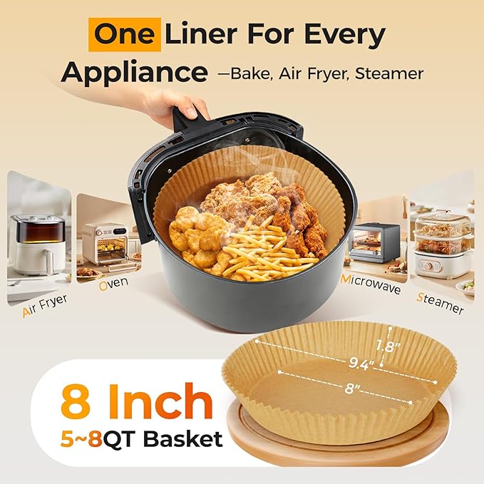 Air Fryer Liners for Ninja, 200 Pcs 8" Round Airfryer Paper Liners Disposable for Oven, Pans & Baking, Non-Stick and Oil Proof Parchment Paper for 5-8 qt Air Fryer Basket by Vailnd