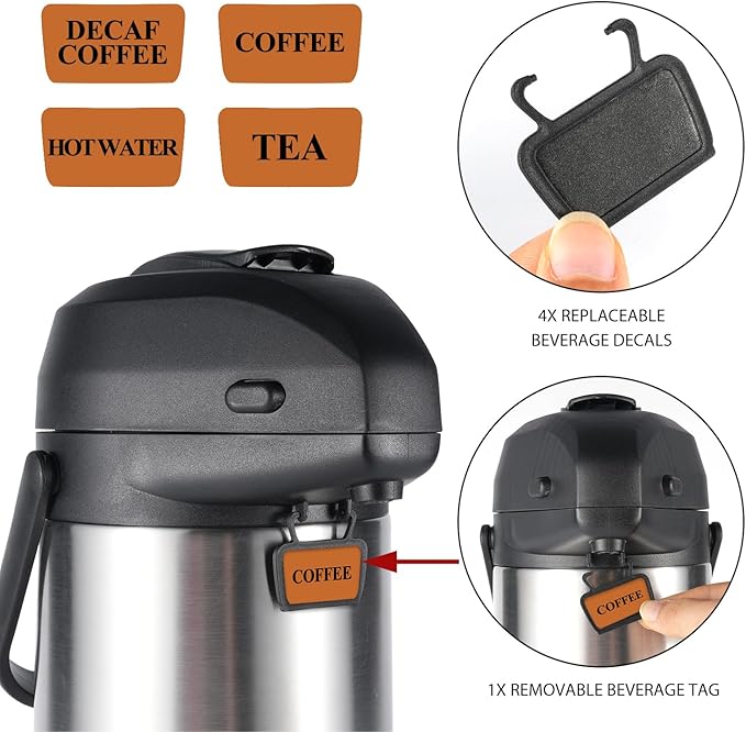 Heritage66 3L Airpot Thermal Coffee Carafe with Cleaning Brush, Triple Wall Vacuum Insulated Stainless Steel Coffee Dispenser, 101oz Pump Pot for Hot & Cold Drinks