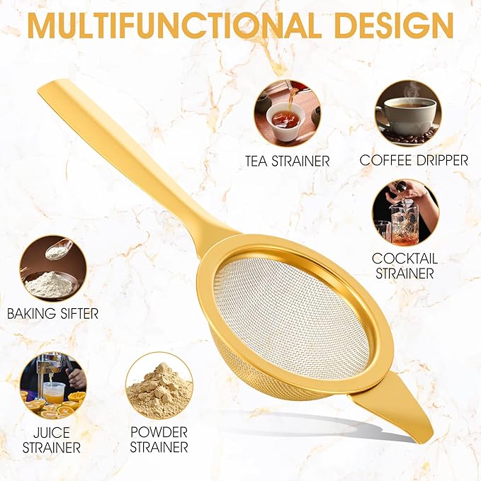 2.2" Gold Matcha Strainer, 30 Fine Mesh Matcha Sifter with Handle and Base, Stainless Steel Small Tea Strainer Fine Mesh, Small Metal Matchas Strainers for Loose Tea Coffee Cocktail