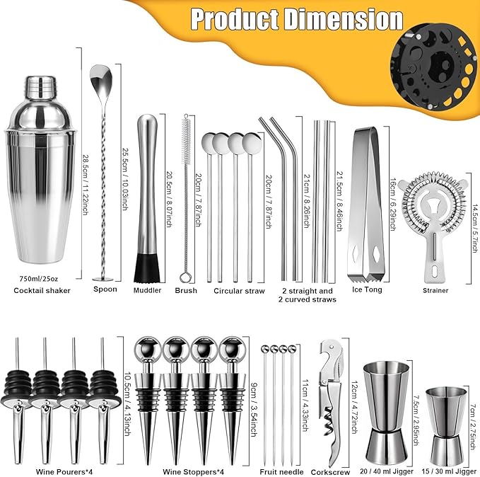 30-Piece Cocktail Shaker Set 25oz Martini Shaker Stainless Steel Mixology Bartender Kit With Rotating Stand For Home Bar Cocktail Set Professional Cocktails Kit for Drink Mixing Gift