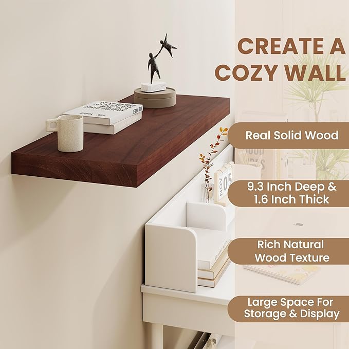Fun Memories 9 Inch Deep Floating Shelves, Rustic Solid Wood Floating Shelf 30 Inch Long, 30 x 9 Wide Bathroom Shelves for Storage & Display, Red Brown