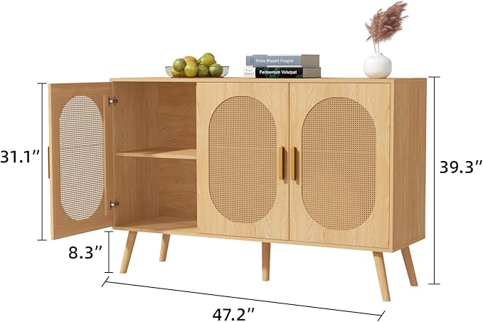 Modern Rattan Storage Cabinet with Doors, Wood Sideboard Buffet Cabinet for Living Room, Entryway, Dining Room (3-Door)