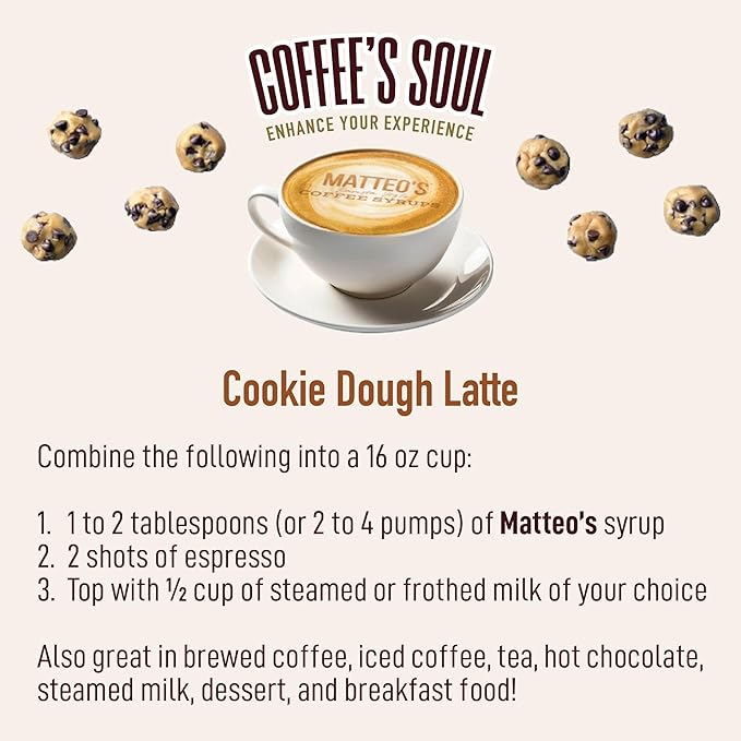 Matteo's Cookie Dough Syrup for Coffee, Lattes, Cappuccinos & Desserts – Sugar-Free Sweetener for Beverages, Keto Friendly, Zero Calories, Indulgent Flavor, Non-Alcoholic, 33.8oz (1pk)