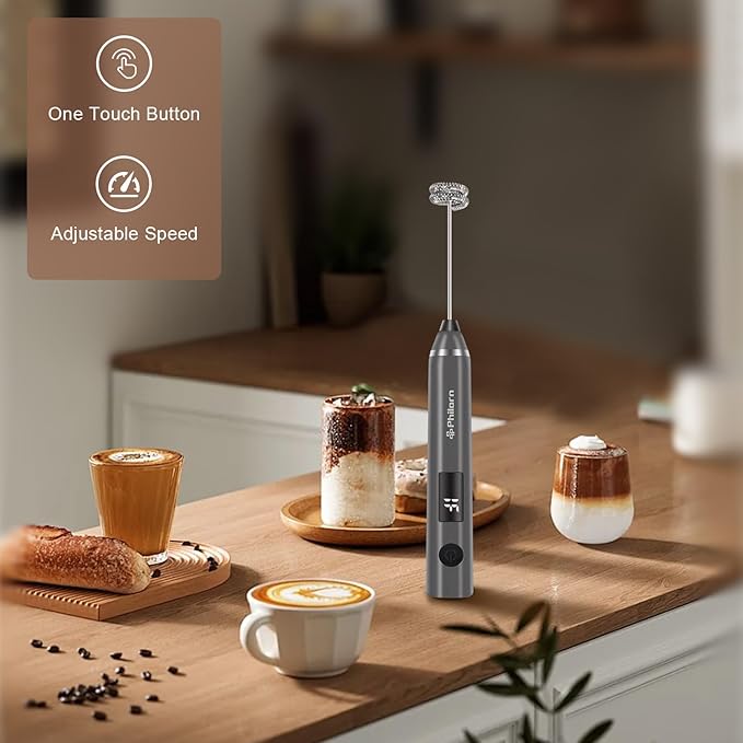 Philorn Milk Frother Wand Handheld Rechargeable Electric Whisk Coffee Drink Mixer, Mini Foamer for Lattes, Cappuccino, Frappe, Matcha, Hot Chocolate, Protein Powder, Keto Diet (Black 2 Heads)