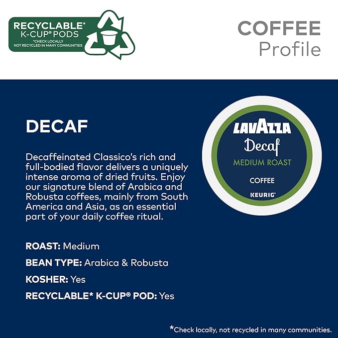 Lavazza Decaf, Single-Serve Keurig K-Cup Pods, Medium Roast Coffee, 88-Count Box (4 Packs of 22)
