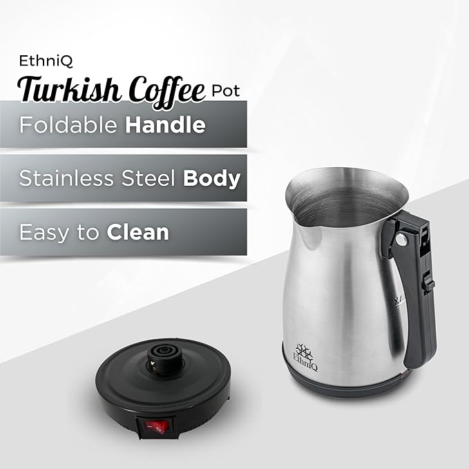 ETHNIQ Turkish Coffee Pot - Stainless Steel, 120V, 1 to 4 Cup Capacity, Coffee Maker with Foldable Handle for Home & Travel & on-off Button (Slow Brew)