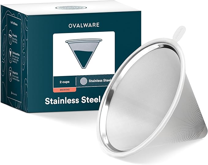 OVALWARE Paperless Stainless Steel Pour Over Coffee Filter – Reusable Permanent Coffee Cone Dripper with Silicone Safety Tab for Easy Removal, Fits Ovalware, Chemex, Hario & Other Carafes