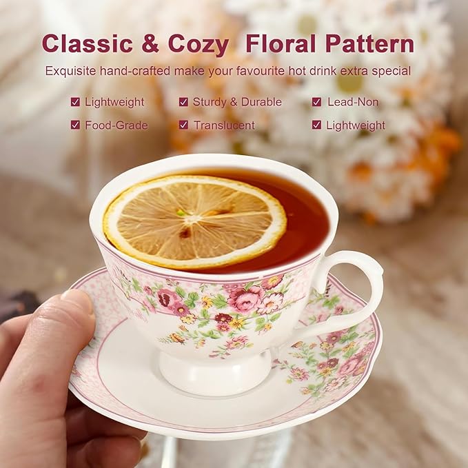 Cup and Saucer Sets of 2 with Spoon, 8 OZ Large Coffee Espresso Teacup New Bone China Floral Vintage Cup & Saucer Sets Porcelain Tea Latte Mugs -Microwave Dishwasher Safe