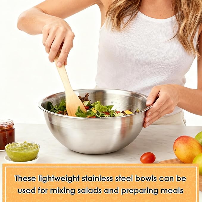 Stainless Steel Mixing Bowls Set of 5, Heavy Duty Stackable Nesting Bowls, Metal Mixing Bowls For Cooking, Prepping, Salad, Serving, Space Saving Kitchen Essentials, No Lids