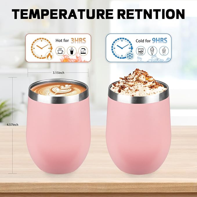 StarSpeed 12oz/12 Pack Wine Tumbler with lid, Stainless Steel Travel Mugs Stemless Double Wall Insulated Coffee Cup, Insulated Wine Glasses Travel Tumbler for Cold & Hot Drinks(Light Pink, 12)