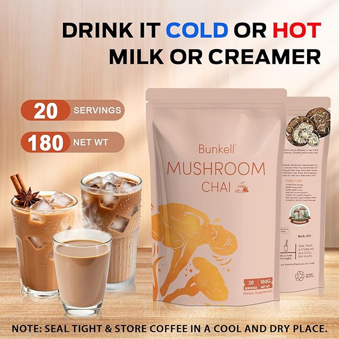 Bunkell Mushroom Chai, Adaptogenic 6 Mushrooms with Lion's Mane, Reishi, Cordyceps, Shiitake, King Trumpet & Turkey Tail, Chai Powder for Energy, Focus, Digestion & Immune Support, 20 Servings 1 Pack