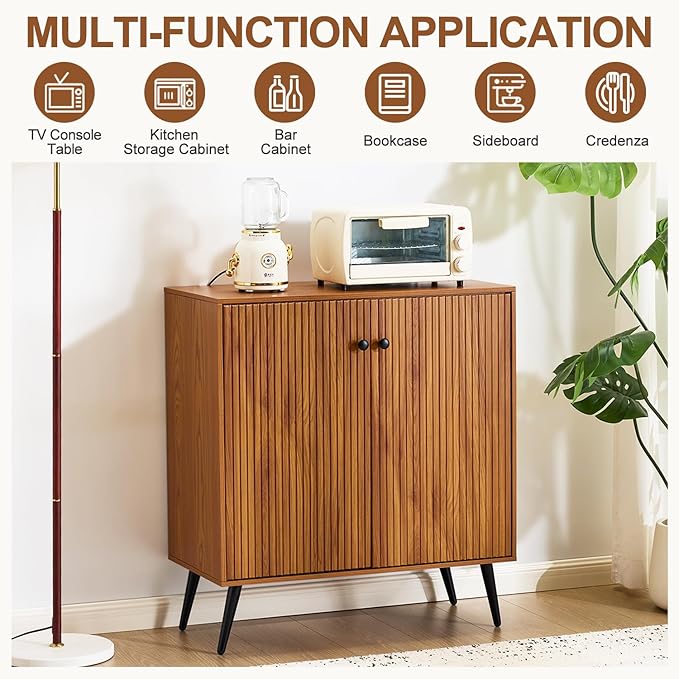 EROMMY Fluted Sideboard Buffet Cabinet, Wooden Storage Cabinet with Adjustable Shelf, Multifunctional Accent Cabinet with Adjustable Shelves for Dining Room, Living Room, Entry, Hallway, Walnut