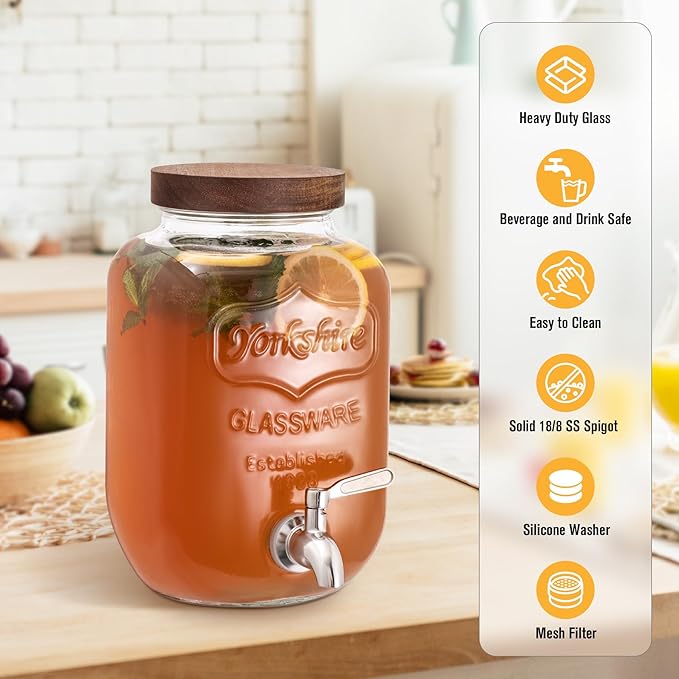 Mustry Glass Drink Dispenser for Parties, 1 Gallon Beverage Dispenser with Spigot Solid Stainless Steel, Used as Lemonade Dispenser Sun Tea Jar Kombucha Jar
