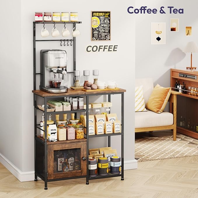 SWTYMIKI Bakers Rack with Storage - Coffee Bar Cabinet Organizer with 8 Hooks, Shelves & Cabinet Door, Coffee Station for Kitchen Dining Room, Microwave Stand with Adjustable Feet, Espresso