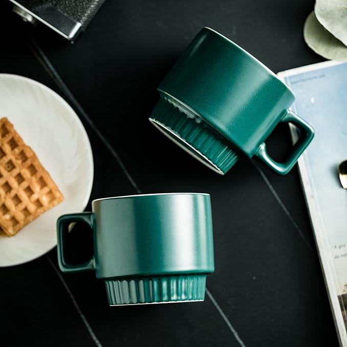 Stackable Coffee Mugs Set of 4 with Holder Spoons 11oz Ceramic Cappuccino Cups for Espresso Latte Tea Drinks, Dishwasher & Microwave Safe, Green