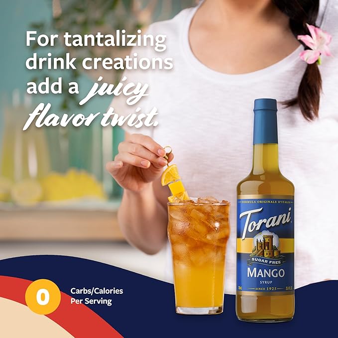 Torani Sugar Free Syrup, Mango Flavored Syrup for Drinks, Zero Calorie, Glass Bottle with Pump Included, 25.4 Fl Oz