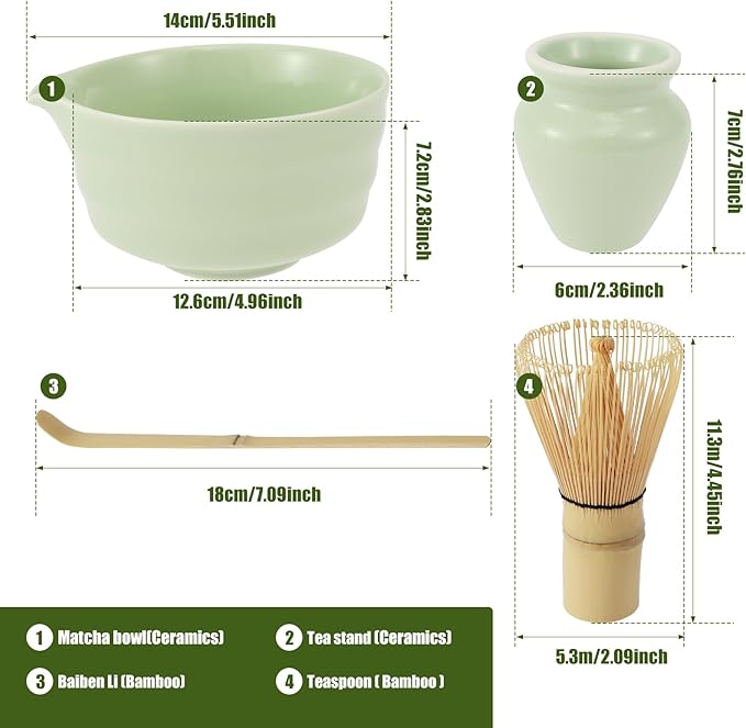 Matcha Whisk Set, 4 Pcs Matcha Set Includes Ceramic Matcha Bowl with Spout, Matcha Whisk Holder, Bamboo Matcha Whisk and Scoop - Green Matcha Tea Set, Cute Matcha Kit Set for Matcha Lovers