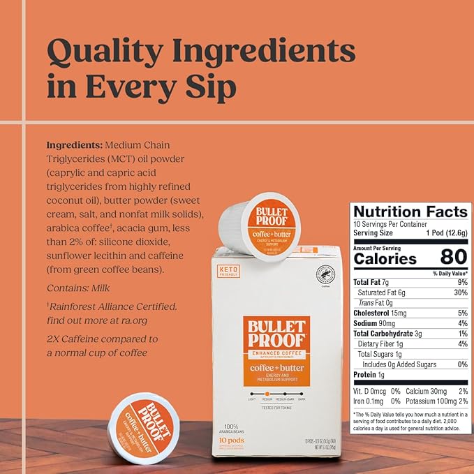 Bulletproof Coffee + Organic Grass-Fed Butter Single-Serve Pods, 10 Count, Keto Coffee, All-in-one Recipe with MCT Oil and Butter, Packaging May Vary