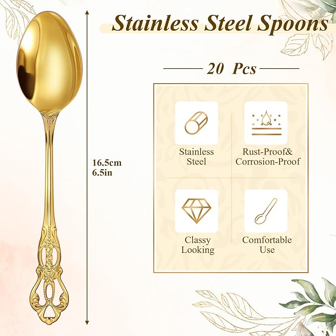 Dandat 20 Pcs 6.6" Gold Luxury Teaspoons Stainless Steel Gorgeous Tea Party Spoons Dessert Spoons for Stirring Coffee Sugar Drink Kitchen Cafe Bar Wedding Tableware, Vintage Style